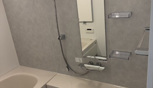 EBホワイト×床グレーの淡いトーンの浴室